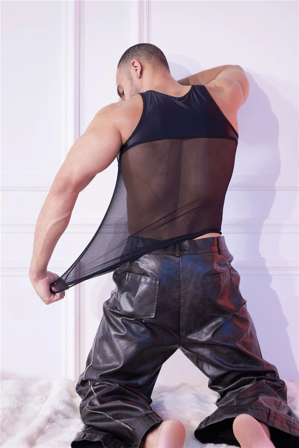 Sexy Men Patchwork Tank Top Oil Glossy Shiny Vest Mesh Sheer See Through Thong Maid Tights Elastic Shaper Top T-shirt - Cosmic Twink