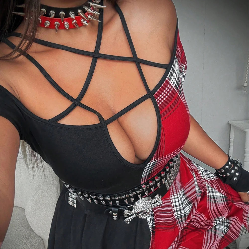 Plus Size Rave Coachella Women's Casual Punk Black and Red Plaid Clashing One Shoulder V-Neck Waisted A-Swing Dress - Cosmic Twink