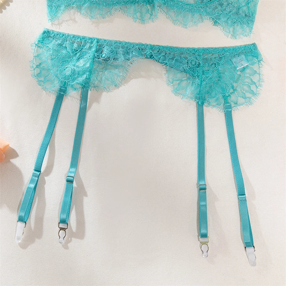 Krasapt Delicate Blue Lace Lingerie 4 Pcs Sets Fancy Mesh Patchwork Transparent Bras And Thongs Garter Suits Erotic Intimate Set - Cosmic Twink