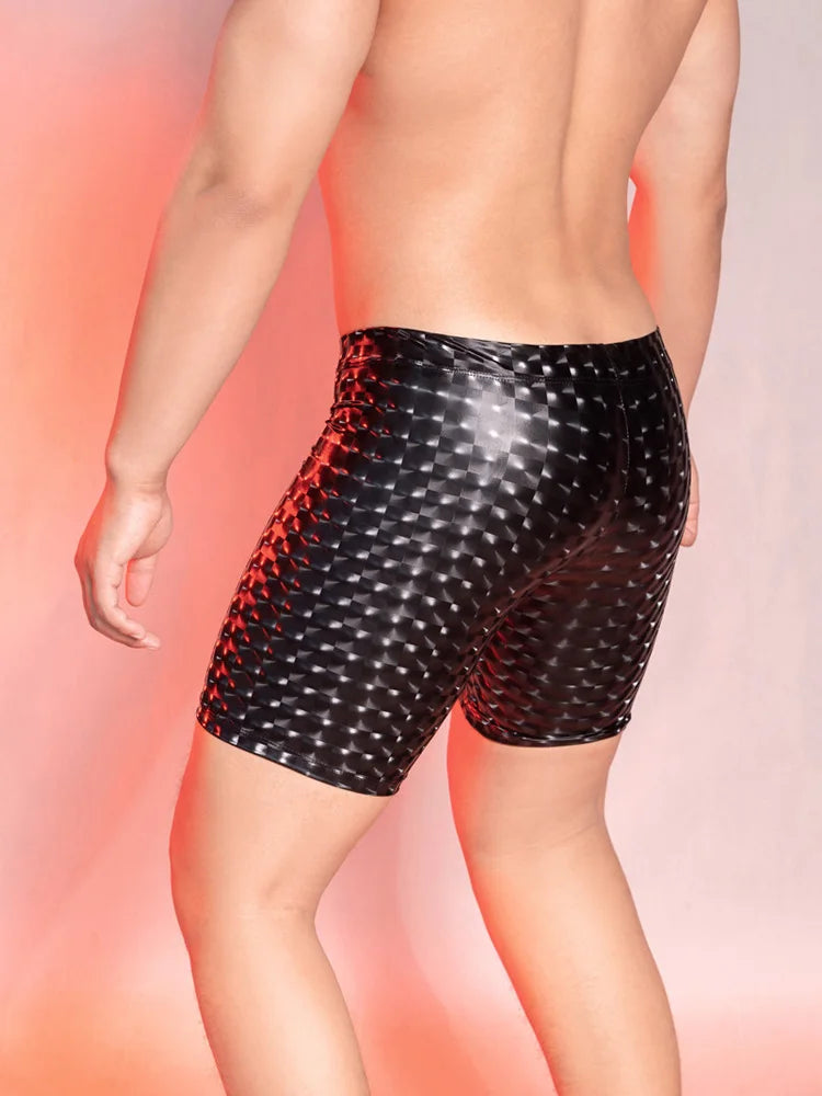 Sexy Men PU Faux Leather Leopard Print Short Pants U Bulge Pouch Pants Shorts Gym Boxer Wetlook Gay Wear Erotic Club Wear - Cosmic Twink
