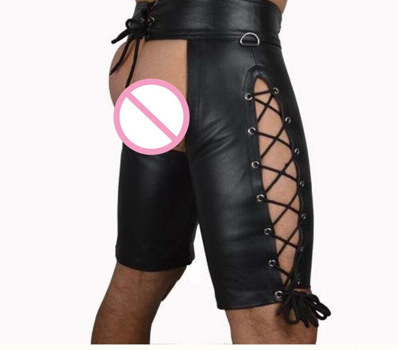 2022 Sexy Lingerie Gay Men Faux Leather Lace Up Pants New Hot Black Mens Latex PVC Bondage Open Cortch Shorts Gothic Fetish - Cosmic Twink