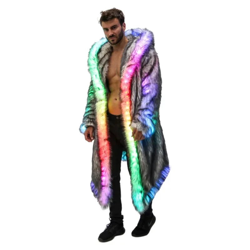 Carnival Party Rave Outfit LED Fur Coat Long Men Winter Warm Jacket Luxury Nightclub DJ Show Stage Performance Costume Halloween - Cosmic Twink