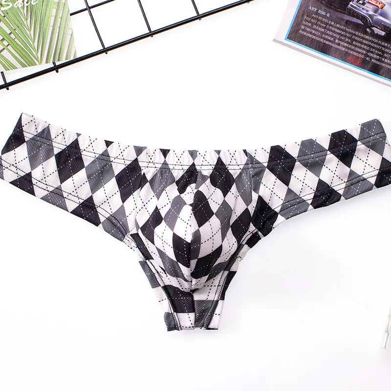 Underwear Men Plaid Printing Ice Silk Threaded Panties Low-Waist Panties Sexy Breathable U Convex Pouch Lingerie Underpants - Cosmic Twink