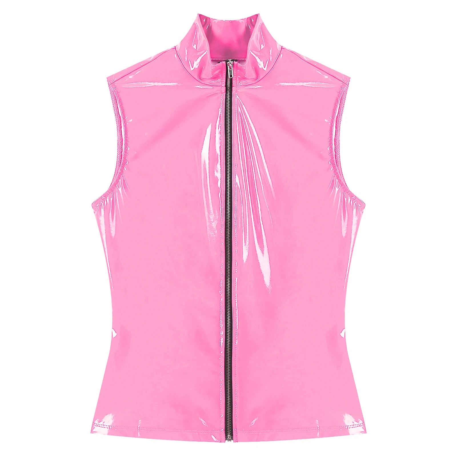 Men Wet Look Patent Leather Jacket Vest Tops Sleeveless Stand Collar Zipper Punk Tank Top Nightclub Festival Rave Party Clubwear - Cosmic Twink