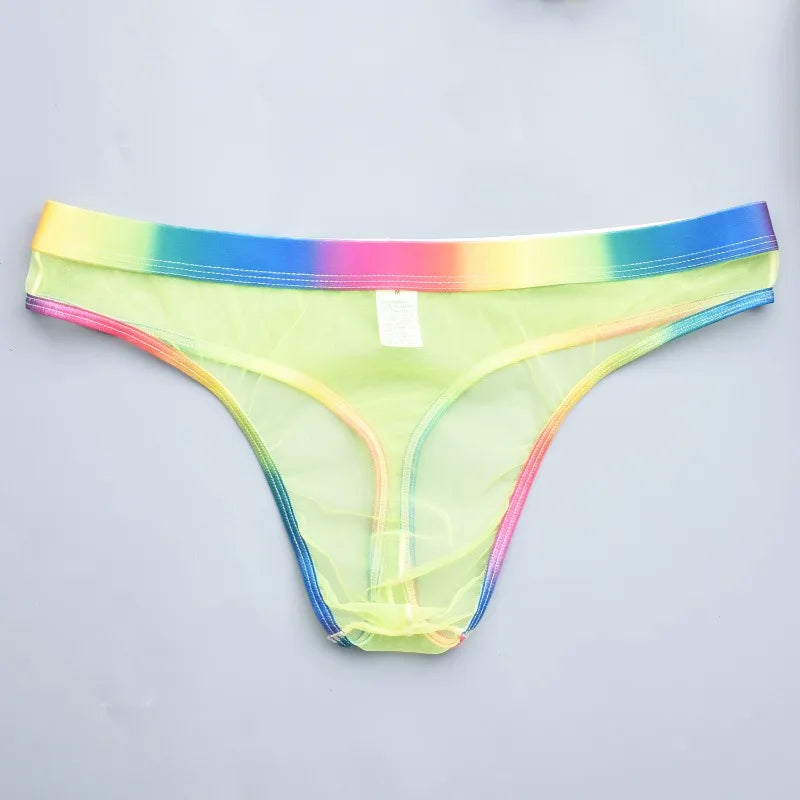 Men's Transparent Mesh G-String T-Back Thong  Rainbow Low Rise Underwear Gay Sexy Breathable Sheer Underpant Naughty Lingerie - Cosmic Twink