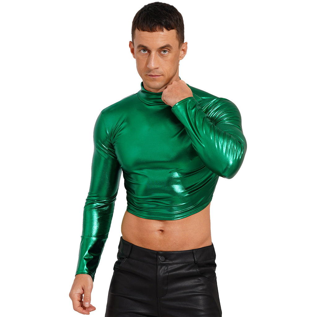 Men's Clothing Wet Look Faux Leather Vest Pole Dance Costume Metallic Mock Neck Crop Tank Top Gothic Punk Rave Party Clubwear - Cosmic Twink