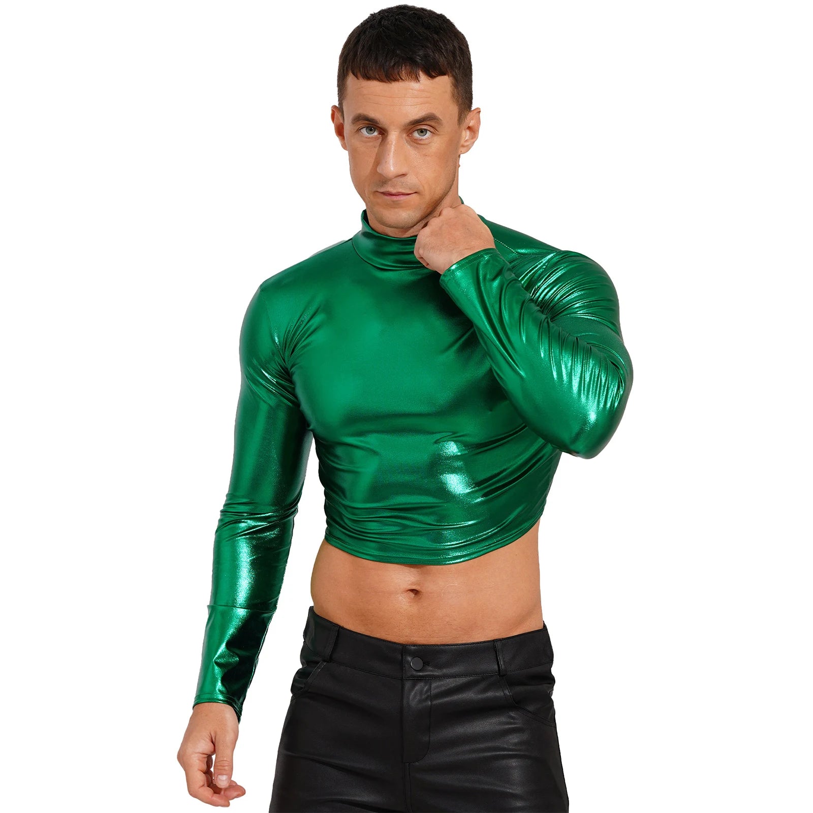 Men's Clothing Wet Look Faux Leather Vest Pole Dance Costume Metallic Mock Neck Crop Tank Top Gothic Punk Rave Party Clubwear - Cosmic Twink