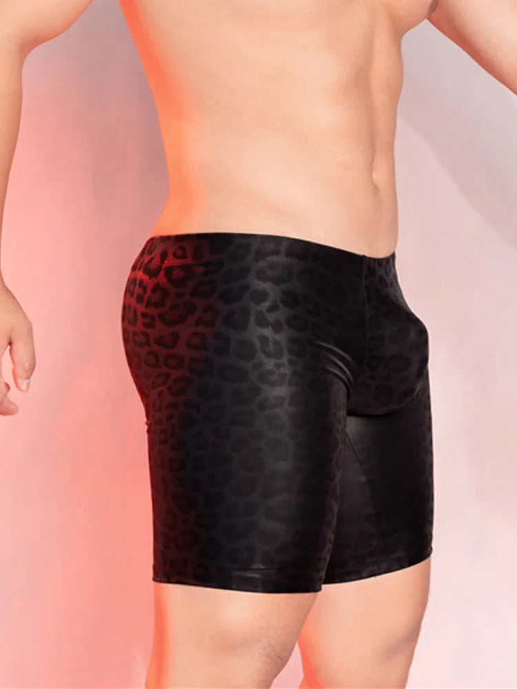 Sexy Men PU Faux Leather Leopard Print Short Pants U Bulge Pouch Pants Shorts Gym Boxer Wetlook Gay Wear Erotic Club Wear - Cosmic Twink