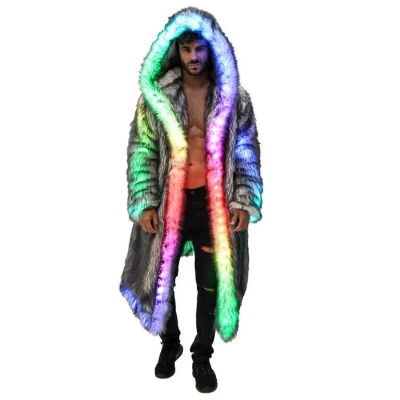 Carnival Party Rave Outfit LED Fur Coat Long Men Winter Warm Jacket Luxury Nightclub DJ Show Stage Performance Costume Halloween - Cosmic Twink