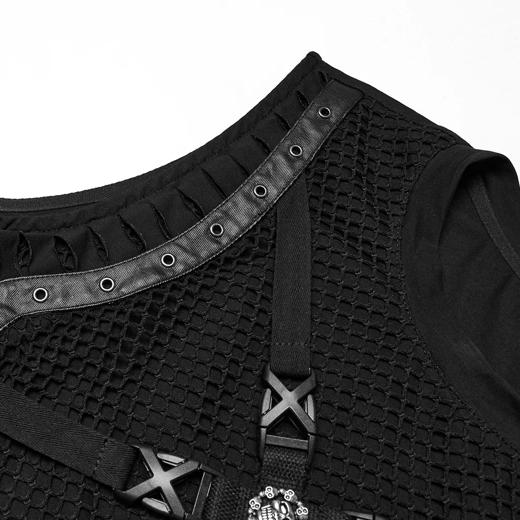 PUNK RAVE Men's Punk Cut Features Mesh Vest Novel Style Personality Cool Handsome Dark Tops Tees Men Clothing - Cosmic Twink