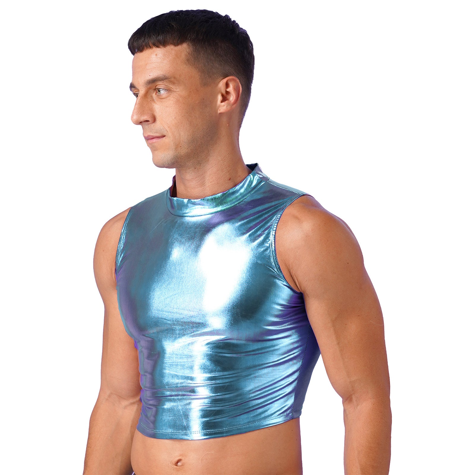Men's Clothing Wet Look Faux Leather Vest Pole Dance Costume Metallic Mock Neck Crop Tank Top Gothic Punk Rave Party Clubwear - Cosmic Twink