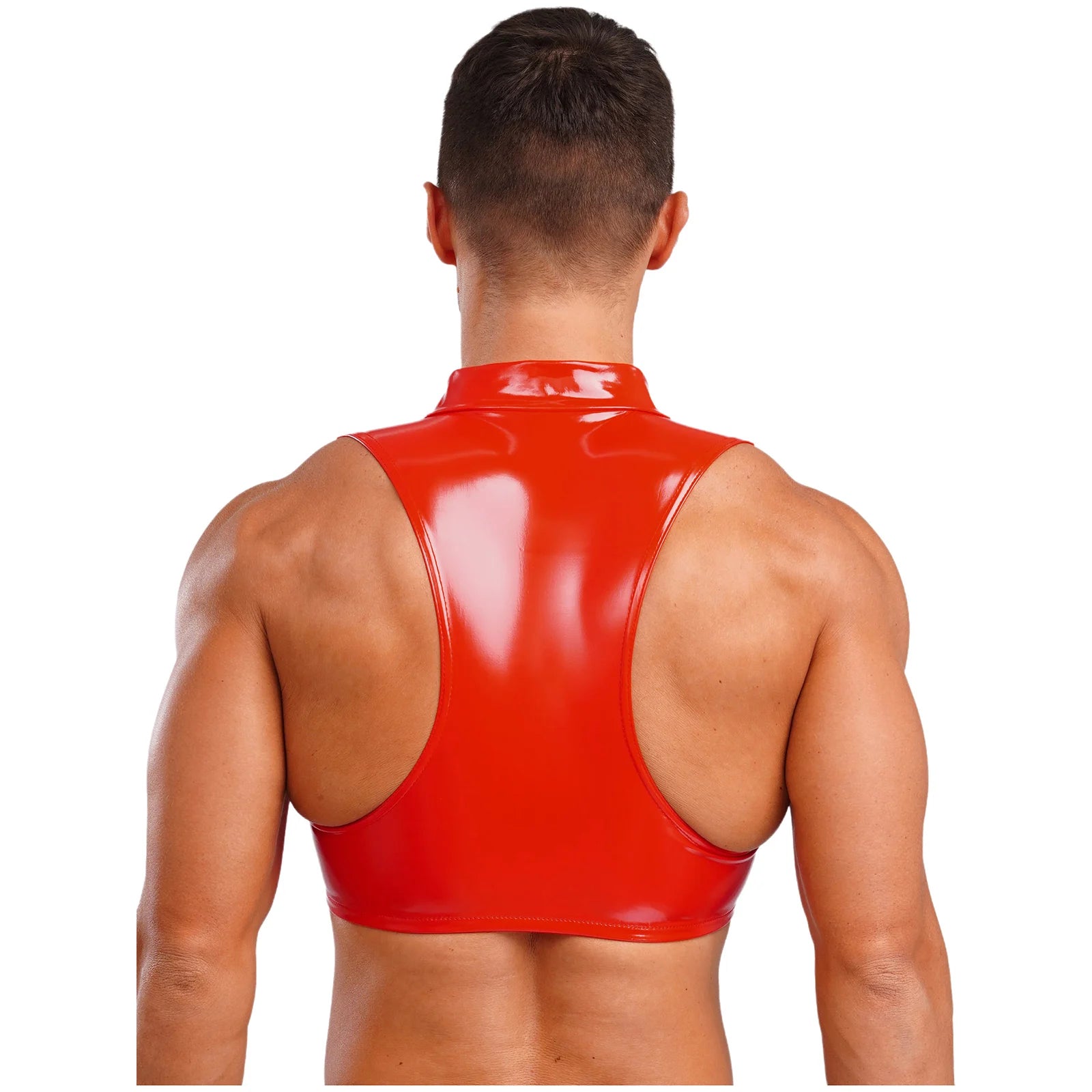 Men Wet Look Patent Leather Crop Tops Vest Sleeveless Zipper Tanks Top Camisole Nightclub Rave Party Dancing Clubwear Streetwear - Cosmic Twink