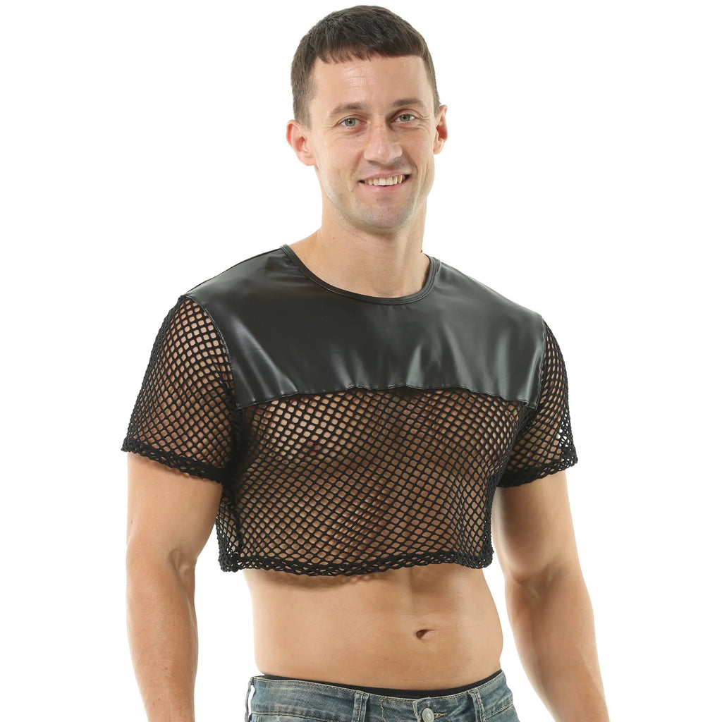 Mens Sexy Crop Tops PU Leather Mesh Lingerie Mini Vest Tanks Short Sleeve Muscle Clubwear Erotic Costume O-Neck - Cosmic Twink