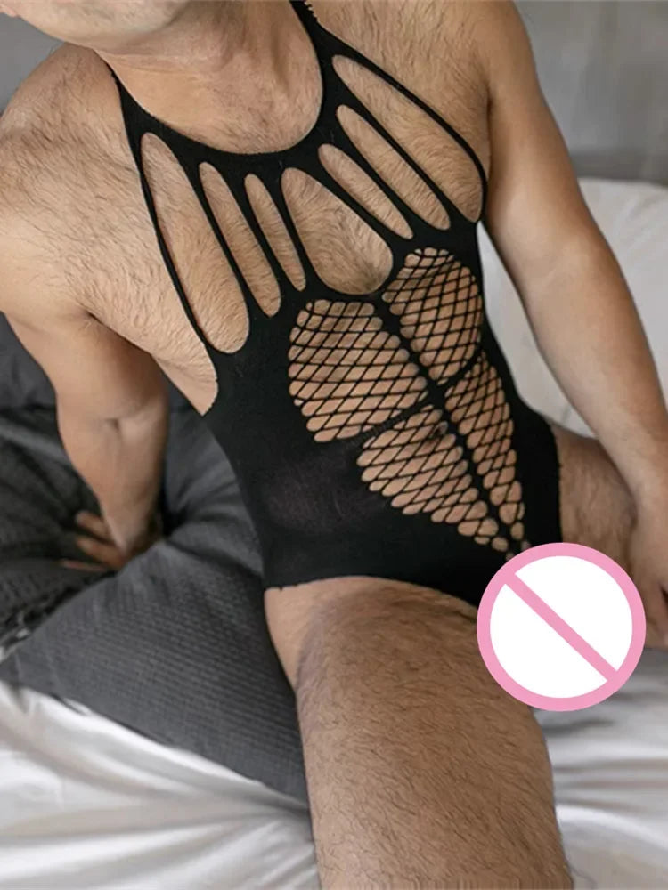 Adult Gay Couple Sex Clothing Elastic Underwear Set Fishnet Transparent Body Suits Sensual Sissy Jumpsuit Erotic Babydoll Tight