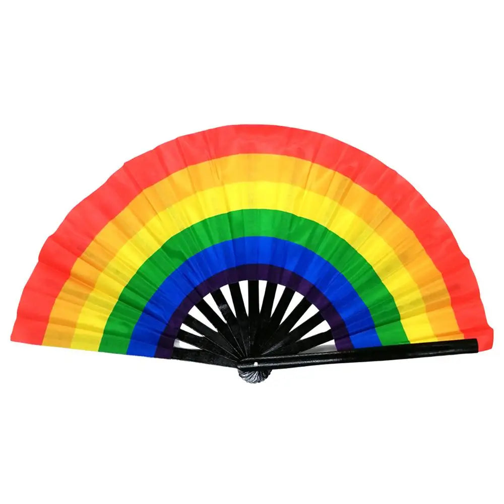 Large Folding Hand Fan Bling Bling Hand Rave Fan Rainbow Print Bamboo Oxford Cloth Pride Festival Handheld Fan For Party Gift - Cosmic Twink