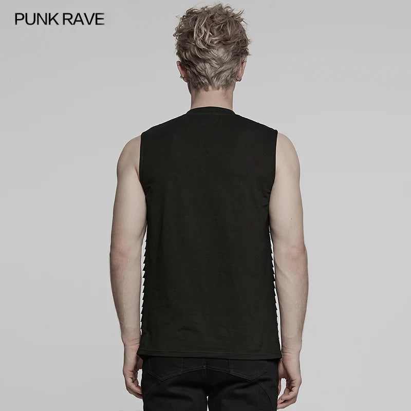PUNK RAVE Men's Punk Cut Features Mesh Vest Novel Style Personality Cool Handsome Dark Tops Tees Men Clothing - Cosmic Twink