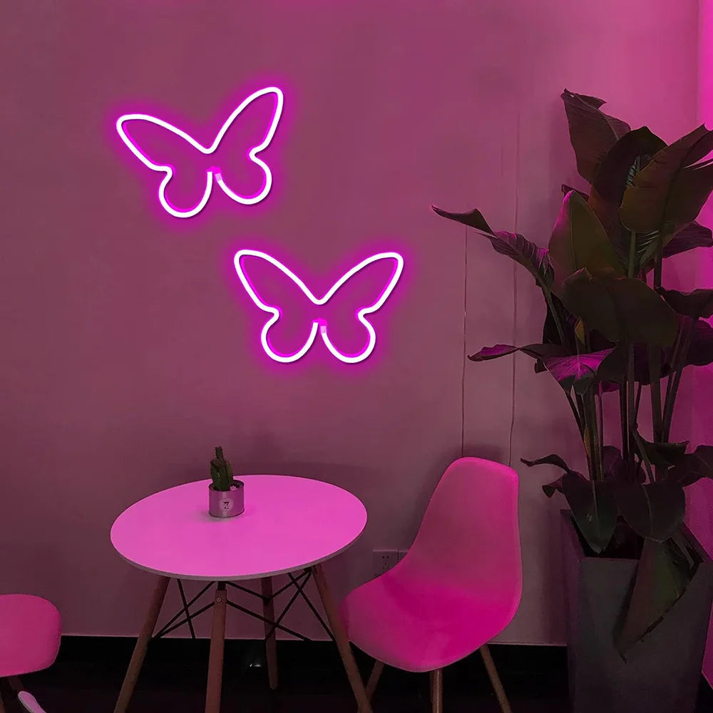 Butterfly Neon Sign USB/Battery Powered Cat LED Neon Light Skull Neon Lamp Wall Art Decor for Home Bedroom Birthday Gift Wedding - Cosmic Twink
