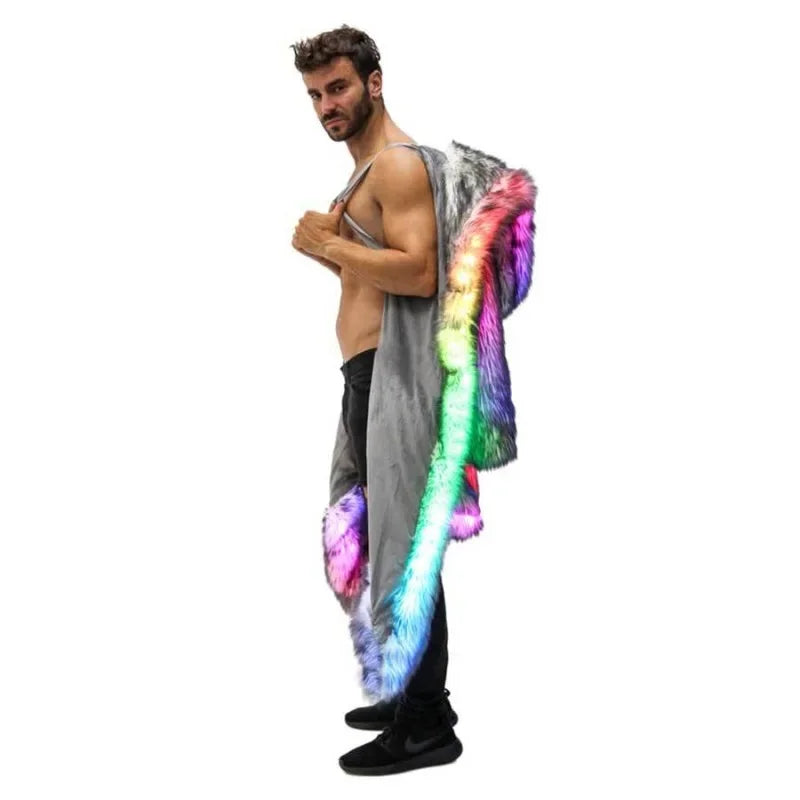 Carnival Party Rave Outfit LED Fur Coat Long Men Winter Warm Jacket Luxury Nightclub DJ Show Stage Performance Costume Halloween - Cosmic Twink