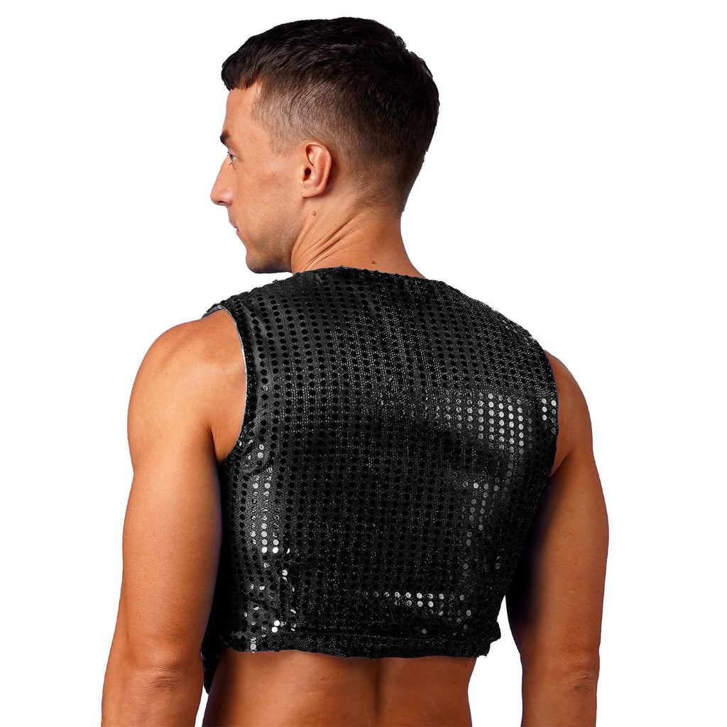 Mens Shiny Sequined Vest Tops V Neck Disco Irregular Hem Waistcoat Hiphop Jazz Dance Festival Rave Outfits Performance Costume - Cosmic Twink