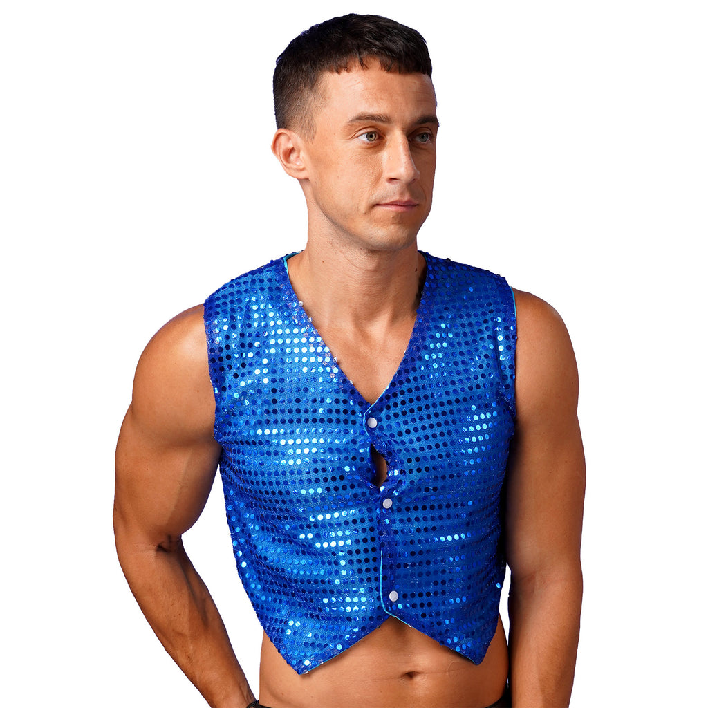 Mens Shiny Sequined Vest Tops V Neck Disco Irregular Hem Waistcoat Hiphop Jazz Dance Festival Rave Outfits Performance Costume - Cosmic Twink