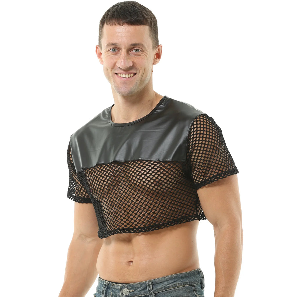 Mens Sexy Crop Tops PU Leather Mesh Lingerie Mini Vest Tanks Short Sleeve Muscle Clubwear Erotic Costume O-Neck - Cosmic Twink