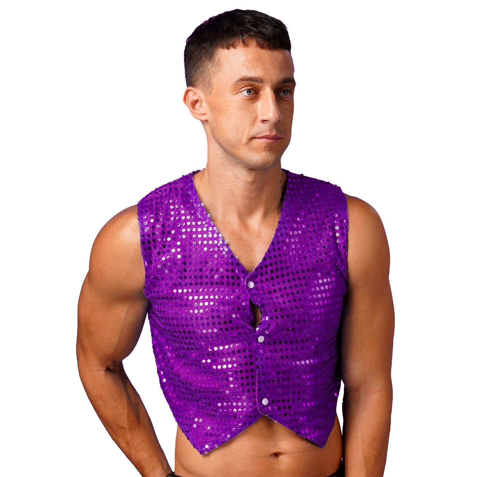 Mens Shiny Sequined Vest Tops V Neck Disco Irregular Hem Waistcoat Hiphop Jazz Dance Festival Rave Outfits Performance Costume - Cosmic Twink