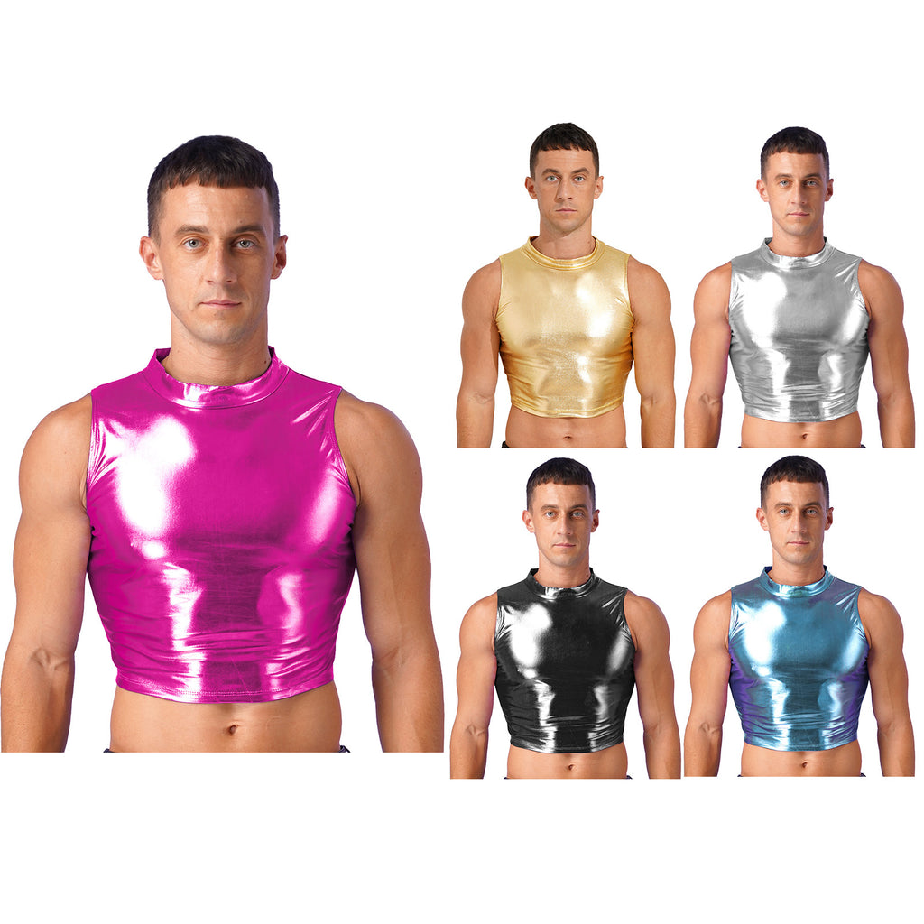 Men's Clothing Wet Look Faux Leather Vest Pole Dance Costume Metallic Mock Neck Crop Tank Top Gothic Punk Rave Party Clubwear - Cosmic Twink