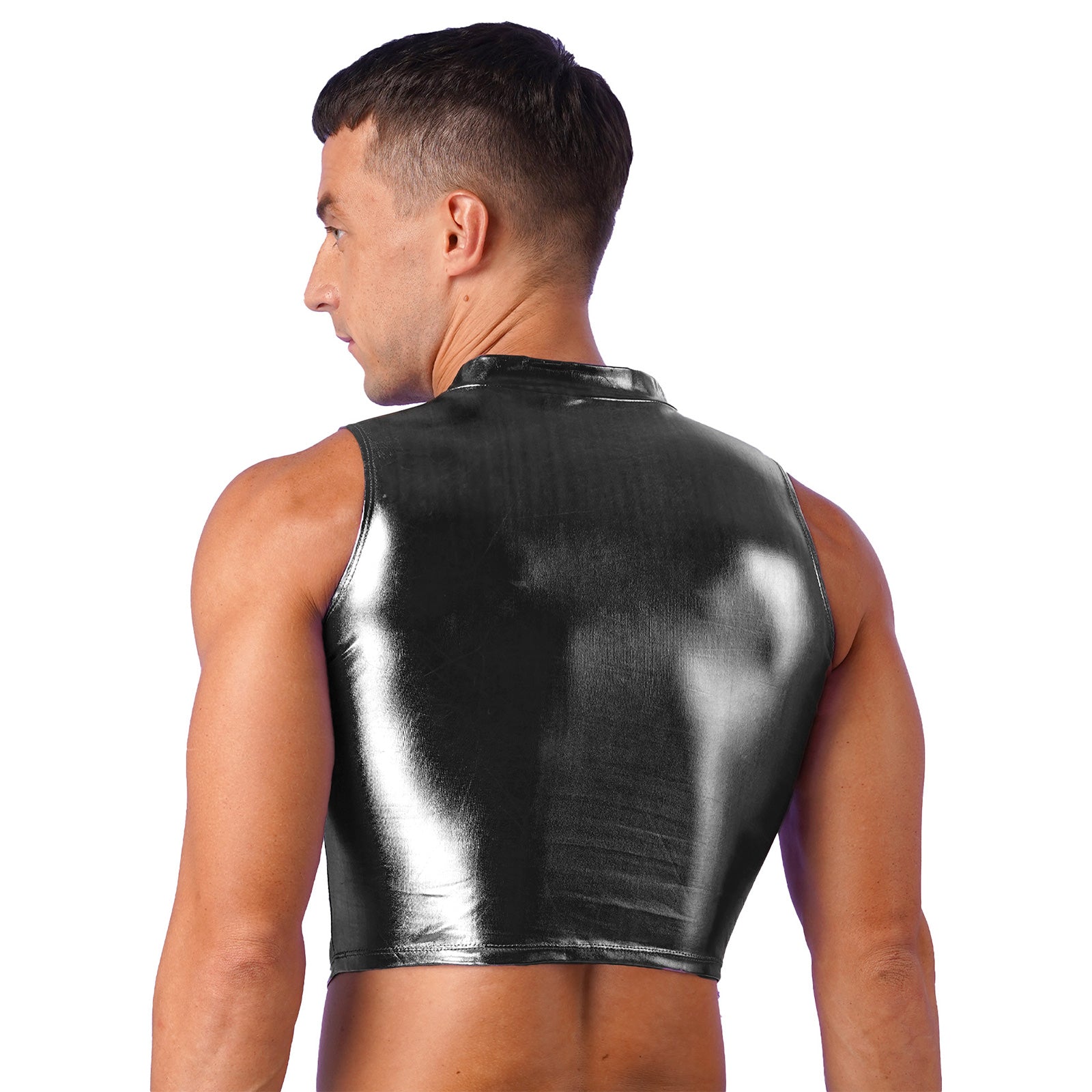 Men's Clothing Wet Look Faux Leather Vest Pole Dance Costume Metallic Mock Neck Crop Tank Top Gothic Punk Rave Party Clubwear - Cosmic Twink