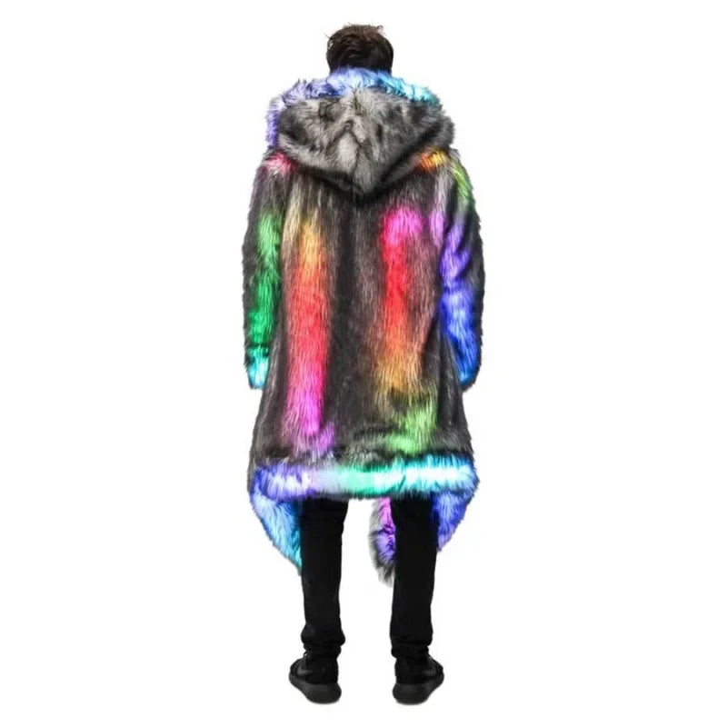 Carnival Party Rave Outfit LED Fur Coat Long Men Winter Warm Jacket Luxury Nightclub DJ Show Stage Performance Costume Halloween - Cosmic Twink