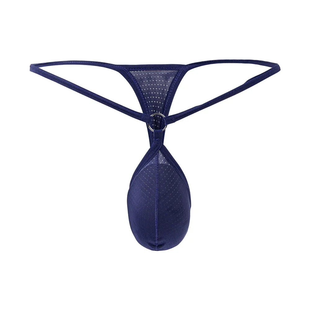 Hollow Breathable G-String Thong Men Sexy T-Back Briefs Gay Underwear Enhance Peni Pouch Panties Low-Rise Exposed Butt Underpant - Cosmic Twink