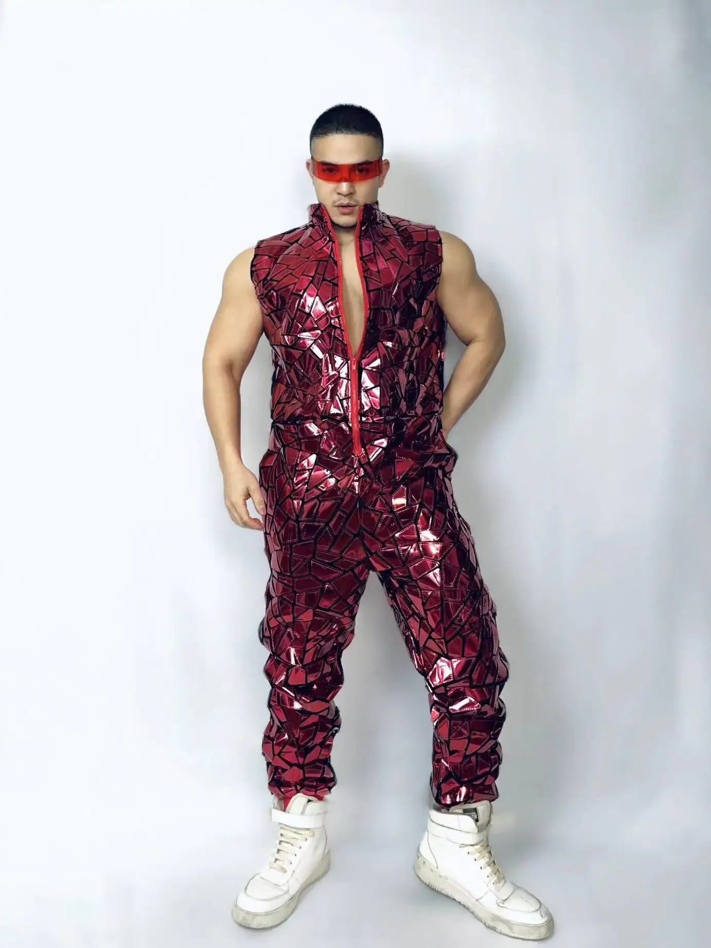 Costume men Dancer Team Street Dance Stage Performance Clothes Laser Mirror Rompers Costume Club Bar Sequins Jumpsuit Hip Hop - Cosmic Twink