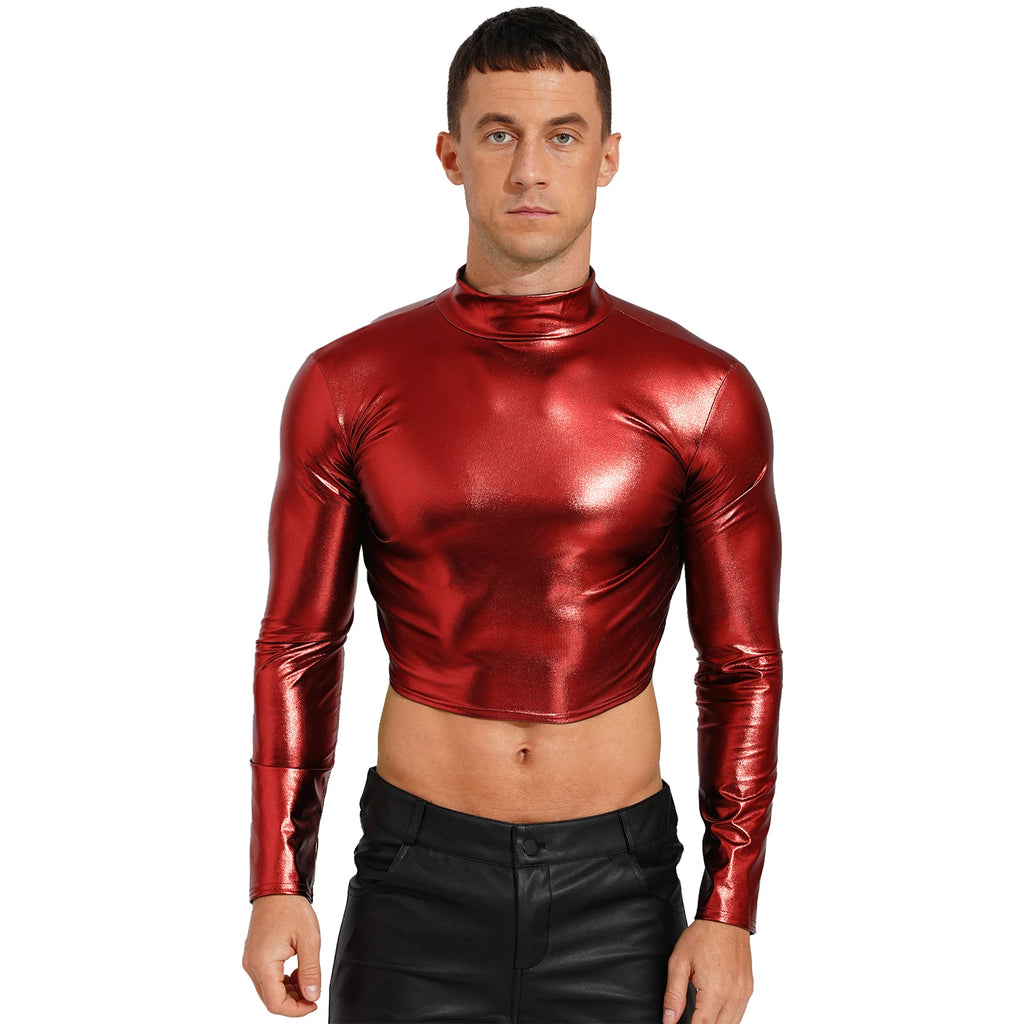 Men's Clothing Wet Look Faux Leather Vest Pole Dance Costume Metallic Mock Neck Crop Tank Top Gothic Punk Rave Party Clubwear - Cosmic Twink