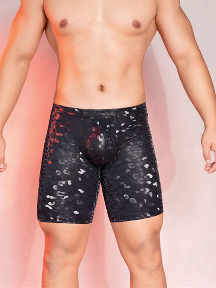 Sexy Men PU Faux Leather Leopard Print Short Pants U Bulge Pouch Pants Shorts Gym Boxer Wetlook Gay Wear Erotic Club Wear - Cosmic Twink