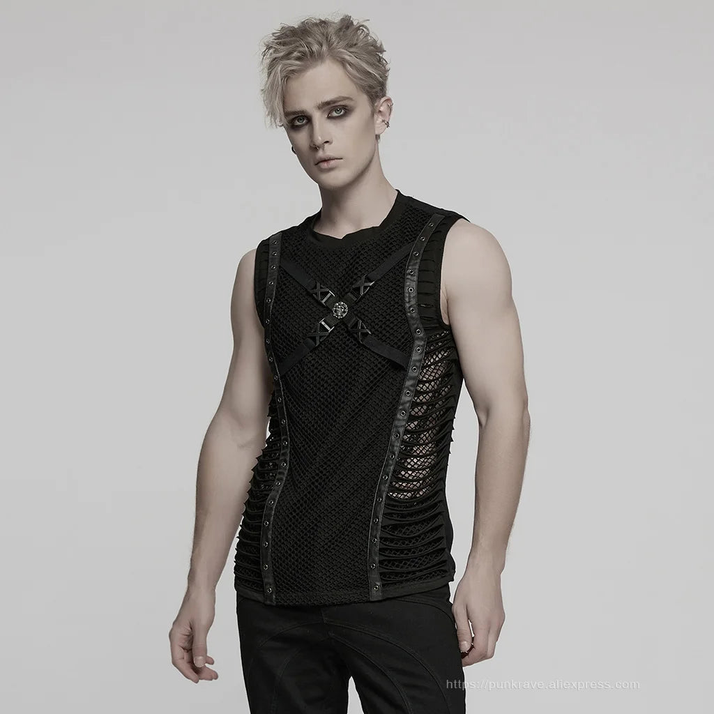 PUNK RAVE Men's Punk Cut Features Mesh Vest Novel Style Personality Cool Handsome Dark Tops Tees Men Clothing - Cosmic Twink