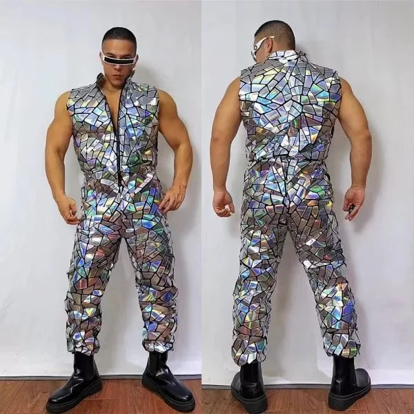 Costume men Dancer Team Street Dance Stage Performance Clothes Laser Mirror Rompers Costume Club Bar Sequins Jumpsuit Hip Hop - Cosmic Twink