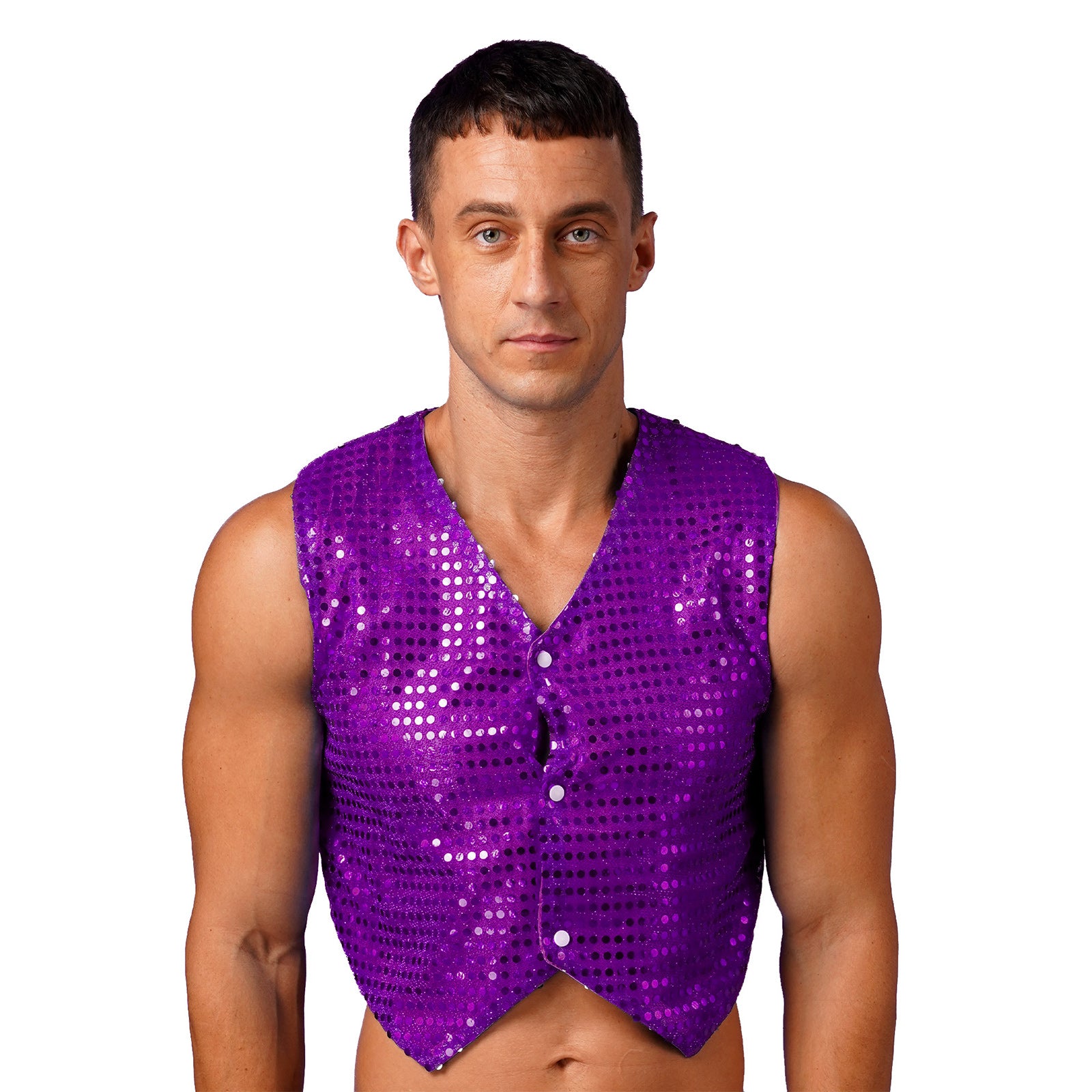 Mens Shiny Sequined Vest Tops V Neck Disco Irregular Hem Waistcoat Hiphop Jazz Dance Festival Rave Outfits Performance Costume - Cosmic Twink