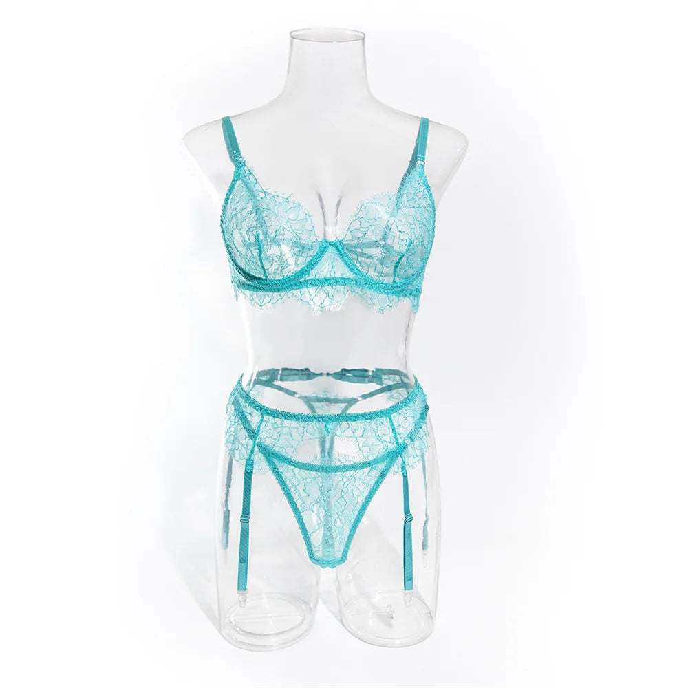 Krasapt Delicate Blue Lace Lingerie 4 Pcs Sets Fancy Mesh Patchwork Transparent Bras And Thongs Garter Suits Erotic Intimate Set - Cosmic Twink