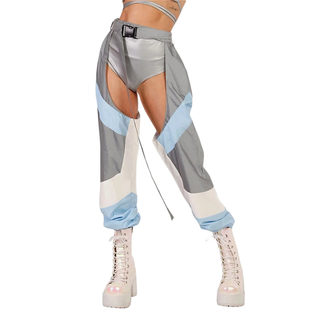 Women's Rave Chaps Ladies Sexy Hollow Out Patchwork/ Solid Loose Fit Buckle Trousers for Club Wear Bottomless Festival Pants - Cosmic Twink
