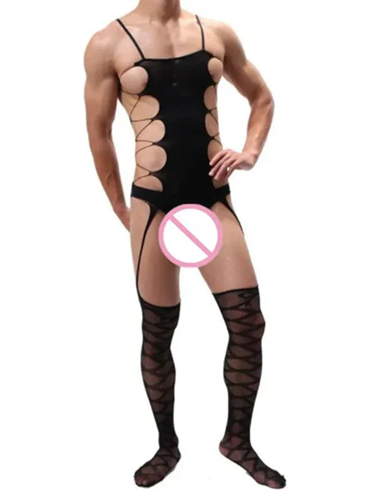Adult Gay Couple Sex Clothing Elastic Underwear Set Fishnet Transparent Body Suits Sensual Sissy Jumpsuit Erotic Babydoll Tight