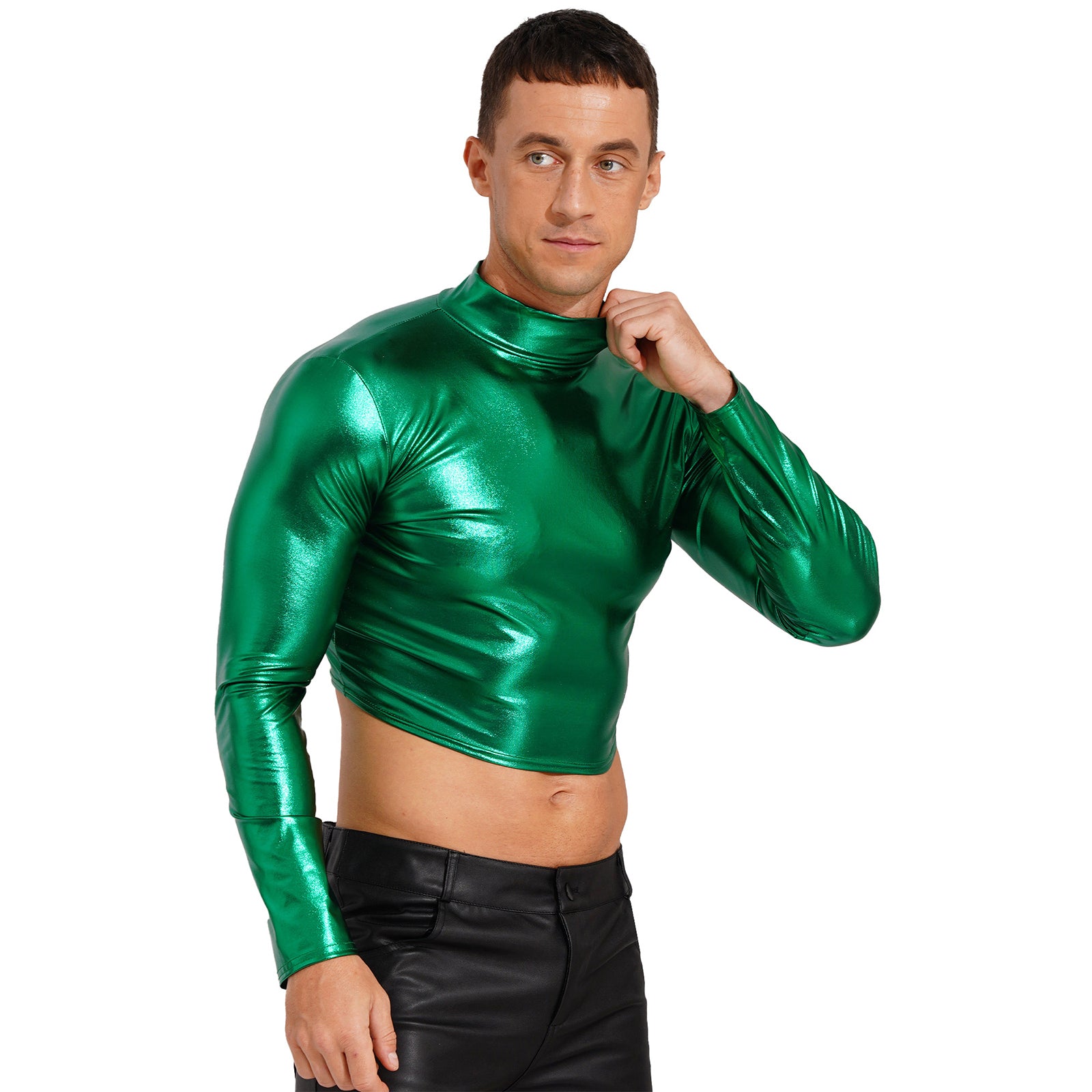 Men's Clothing Wet Look Faux Leather Vest Pole Dance Costume Metallic Mock Neck Crop Tank Top Gothic Punk Rave Party Clubwear - Cosmic Twink