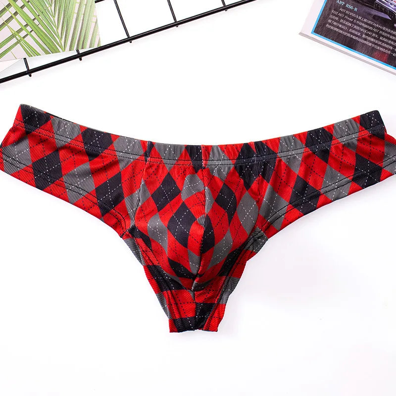 Underwear Men Plaid Printing Ice Silk Threaded Panties Low-Waist Panties Sexy Breathable U Convex Pouch Lingerie Underpants - Cosmic Twink