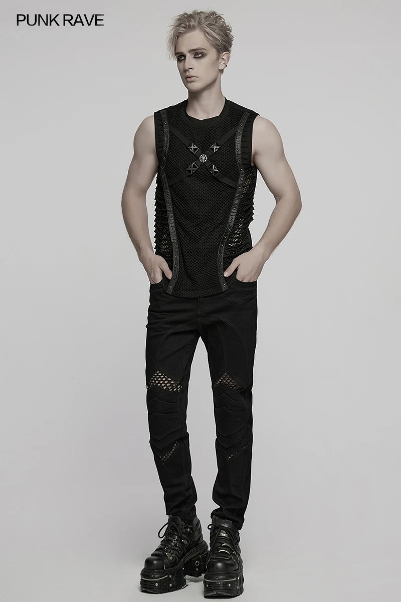 PUNK RAVE Men's Punk Cut Features Mesh Vest Novel Style Personality Cool Handsome Dark Tops Tees Men Clothing - Cosmic Twink