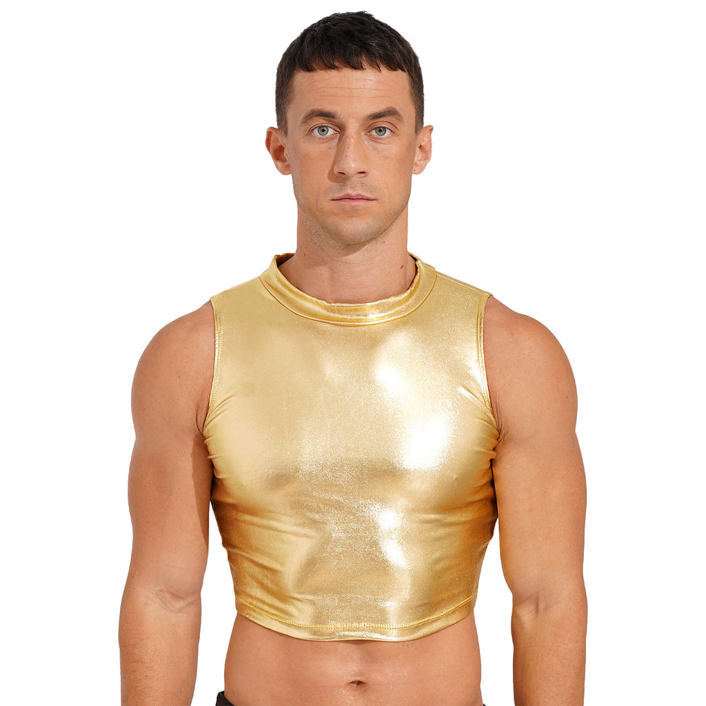 Men's Clothing Wet Look Faux Leather Vest Pole Dance Costume Metallic Mock Neck Crop Tank Top Gothic Punk Rave Party Clubwear - Cosmic Twink