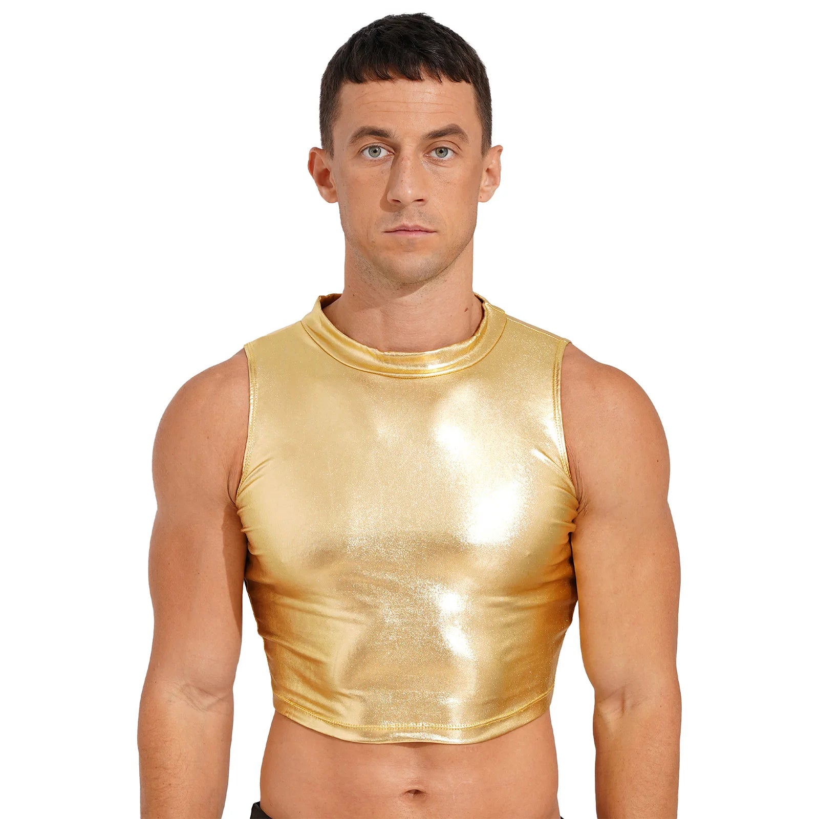 Men's Clothing Wet Look Faux Leather Vest Pole Dance Costume Metallic Mock Neck Crop Tank Top Gothic Punk Rave Party Clubwear - Cosmic Twink