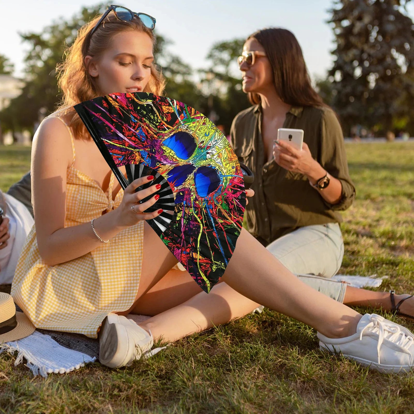 Large Folding Hand Fan Bling Bling Hand Rave Fan Rainbow Print Bamboo Oxford Cloth Pride Festival Handheld Fan For Party Gift - Cosmic Twink