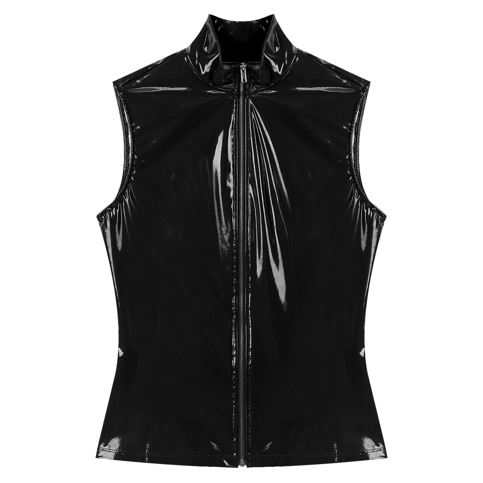 Men Wet Look Patent Leather Jacket Vest Tops Sleeveless Stand Collar Zipper Punk Tank Top Nightclub Festival Rave Party Clubwear - Cosmic Twink