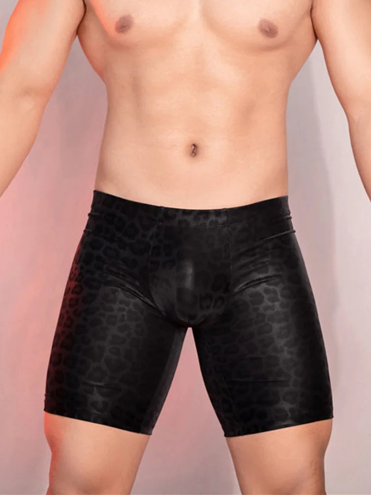 Sexy Men PU Faux Leather Leopard Print Short Pants U Bulge Pouch Pants Shorts Gym Boxer Wetlook Gay Wear Erotic Club Wear - Cosmic Twink