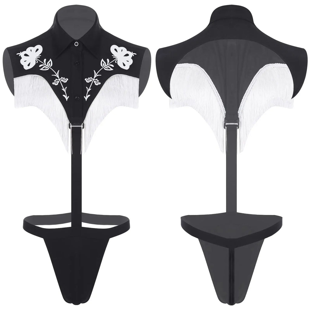Mens Jockstrap Gay Lingerie Mini Bikini Thongs Bodysuit Underwear Sexy Western Cowboy Club Wear Printed Fringe Tassels Jumpsuit