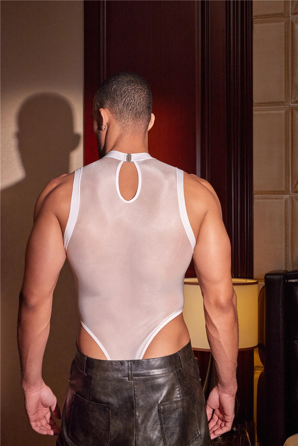 Sexy Men Unisex High Cut Bodysuit Oil Glossy Shiny Vets Sheer See Through Thong Maid Tights Elastic Tank Top Leotard - Cosmic Twink