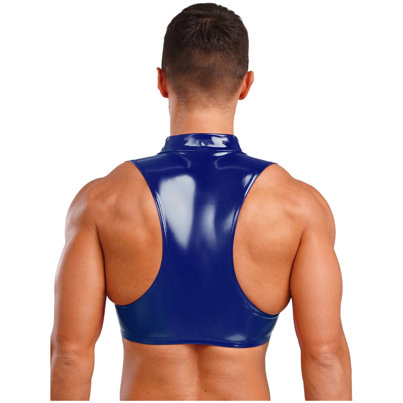 Men Wet Look Patent Leather Crop Tops Vest Sleeveless Zipper Tanks Top Camisole Nightclub Rave Party Dancing Clubwear Streetwear - Cosmic Twink